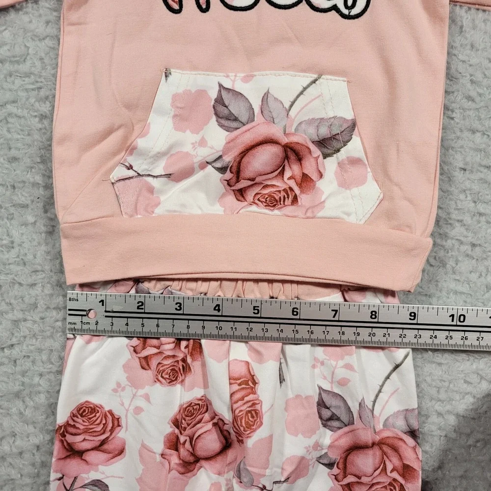 Hello Floral Hoodie and Pants Set Infant 3-6 months Pink Rose Print 2PC